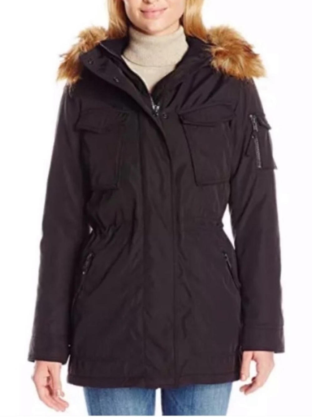 S13 New York Winter Parka with Faux Fur Hood Size Medium Black Coat